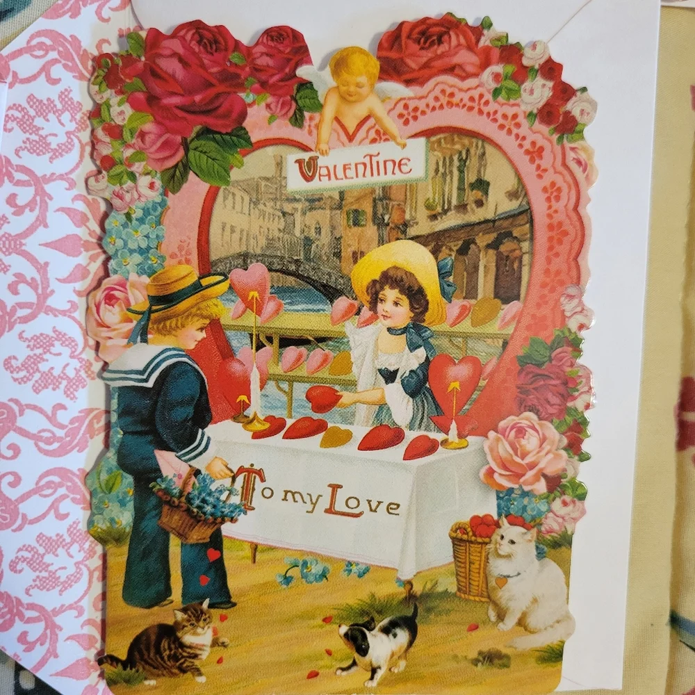Punch Studio Victorian Look Valentine Cards 4 New Cats Hearts Scrapbook Journal